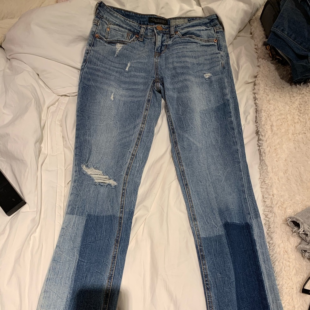 Blue jeans with some cool different washes at end
